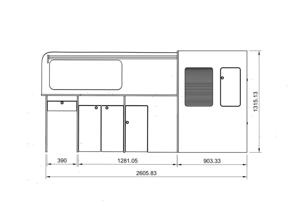 Front view of Ford Transit Custom LWB campervan side units 2012–2023 with dimensions
