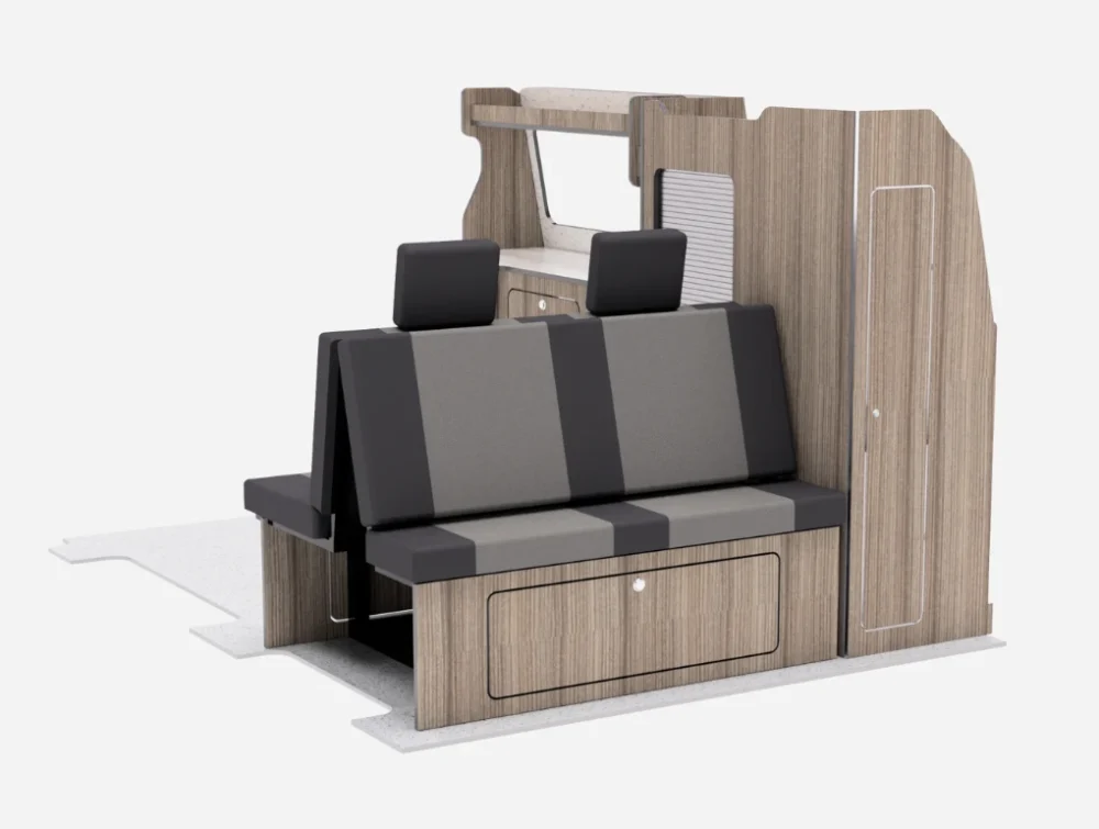 Rear view of Ford Transit Custom SWB campervan side units 2012–2023, conversion furniture with storage