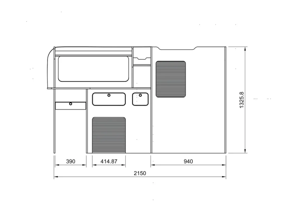 Front view of Ford Transit Custom SWB campervan side units 2012–2023 with dimensions