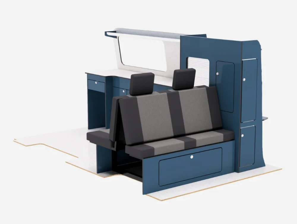 Rear view of Ford Transit Custom LWB campervan side unit 2012–2023, showing conversion furniture and storage layout