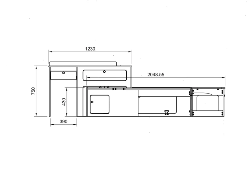 Side view of Ford Transit Custom LWB campervan u shape bed system 2012–2023 showing dimensions