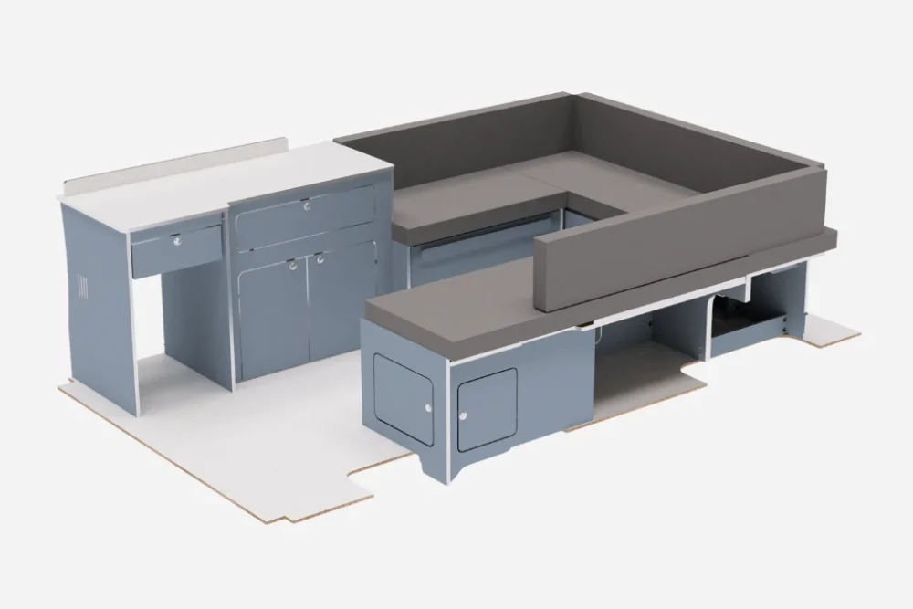 U-shape campervan bed system installed in a Renault Trafic LWB (2014 onwards), showing the mattress layout and built-in storage compartments.